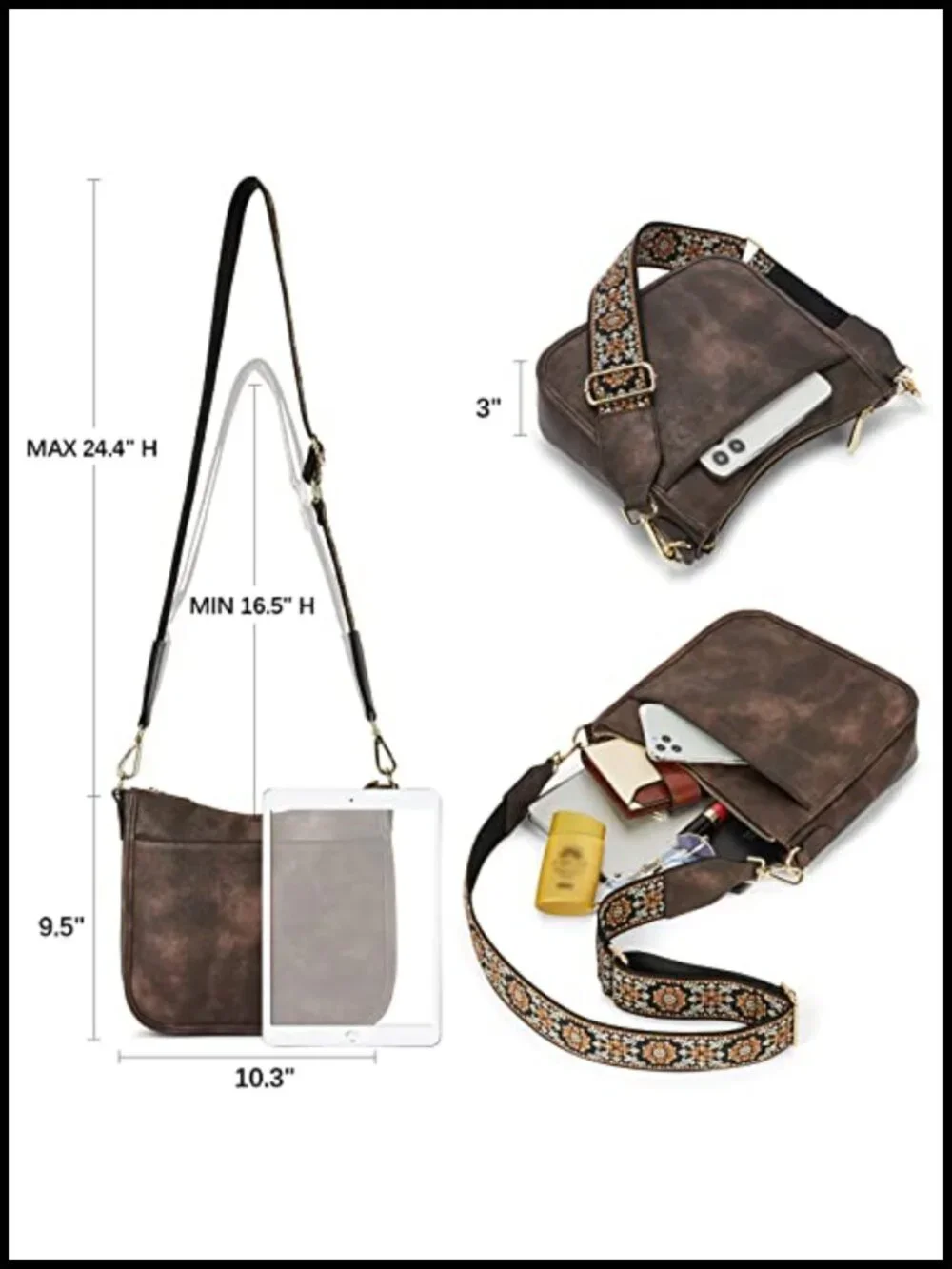 Vegan Leather Hobo Crossbody Bag with Wide Guitar Strap